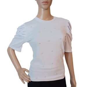 JustVH White Pearlescent Beaded Bubble Sleeve T-Shirt Top